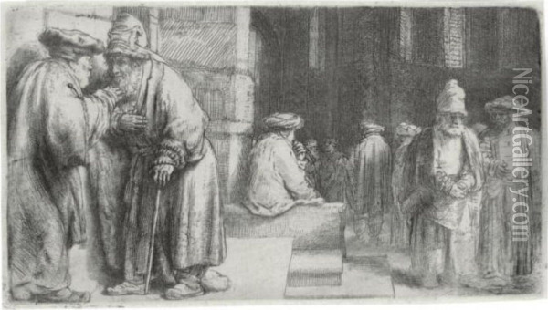 Jews In The Synagogue (b., Holl. 126; H. 234; Bb. 48-d) Oil Painting - Rembrandt Van Rijn