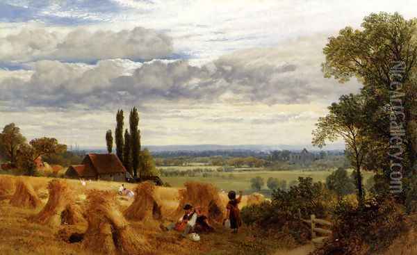 Harvesting Near Newark Priory, Ripley, Surrey Oil Painting - Frederick William Hulme