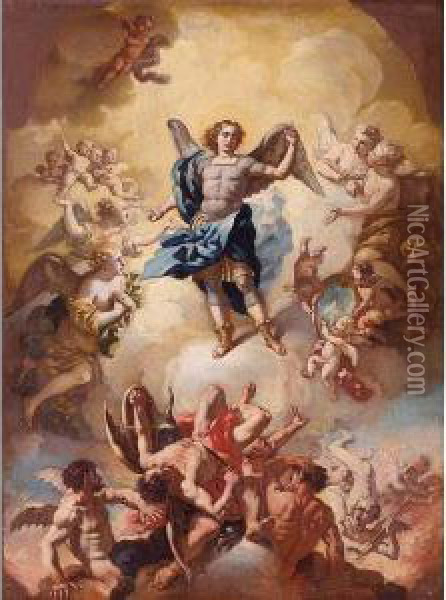 The Archangel Michael Vanquishing Satan Oil Painting - Giacinto Calandrucci