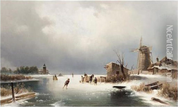 Winter Ice-skating, Signed, Oil On Canvas, 5.5 X 82 Cm.; 2 X 32 1/4 In Oil Painting - Josef Thoma
