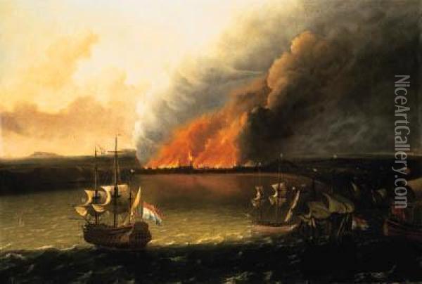 Dutch Men-of-war Pursuing A 
British Man-of-war, A Town Burningbeyond, Possibly The Dutch Raid On 
Chatham In 1667
Bears Signature 'lbakhuysen' Oil Painting - Ludolf Backhuysen