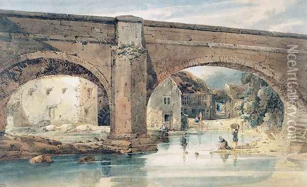 Wetherby Bridge, Yorkshire, looking through the bridge to the mills Oil Painting - Thomas Girtin