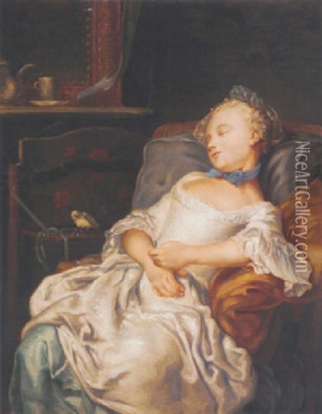 Portrait Of A Girl Sleeping On A Chair, A Songbird Beside Her Oil Painting - Jean Francois Gilles Colson