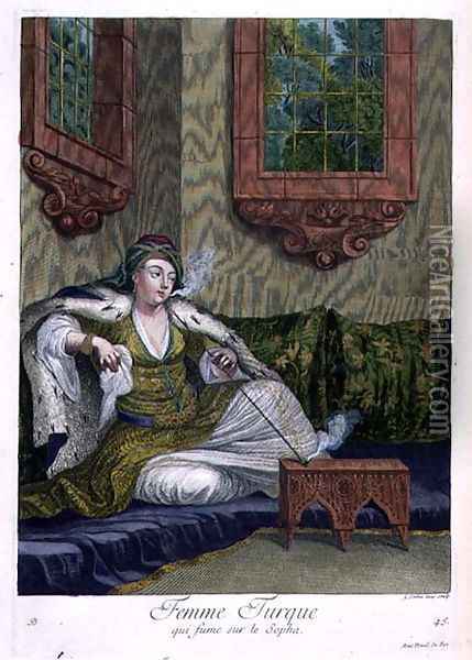 Turkish woman, smoking on the sofa, 18th century Oil Painting - Gerard Jean Baptiste Scotin