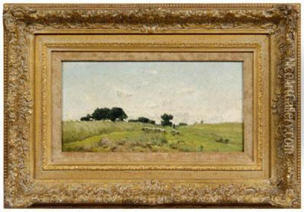 Pastoral Landscape With Sheep, Figure And Distant 
Windmill Oil Painting - Alphonse Asselbergs