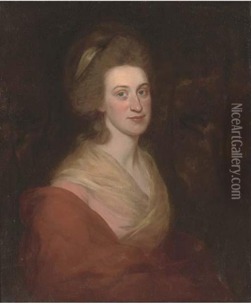 Portrait Of A Lady, Half-length, In A Pink Dress And Orangewrap Oil Painting - George Romney