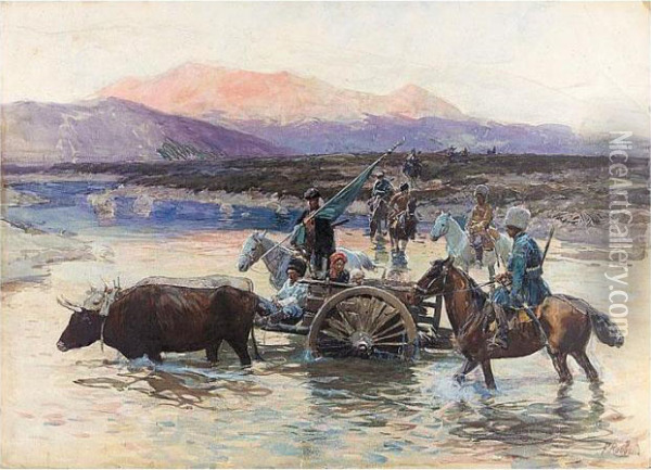 Crossing The River Oil Painting - Franz Roubaud