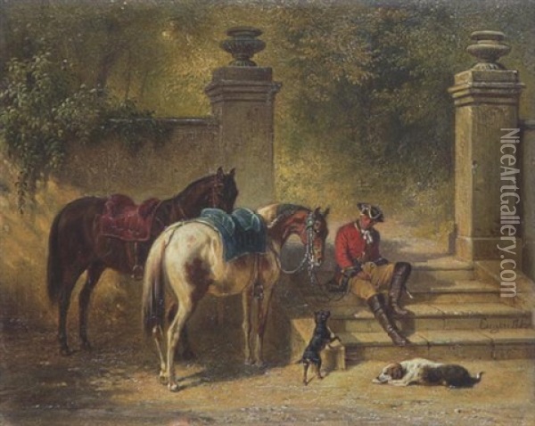 Rokokokavalier Mit Zwei Pferden Und Hunden Am Treppenaufgang Zum Schlosspark Oil Painting - Eugen Adam