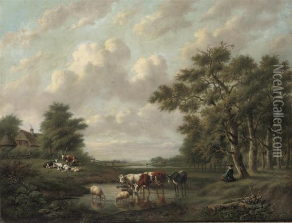 A Shepherd And Shepherdess With Their Flock Near A Pond Oil Painting - Willem Hendriks