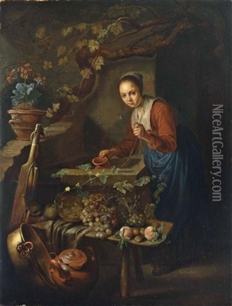 A Maid Standing Near A Well, With A Still Life Of Grapes, Peaches, An Earthenware Pot And A Copper Bowl In The Foreground Oil Painting - Gerrit Dou