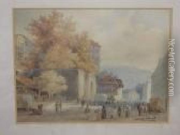 Street Scene, Signed And Inscribed, Watercolour Oil Painting - Alexandre Calame