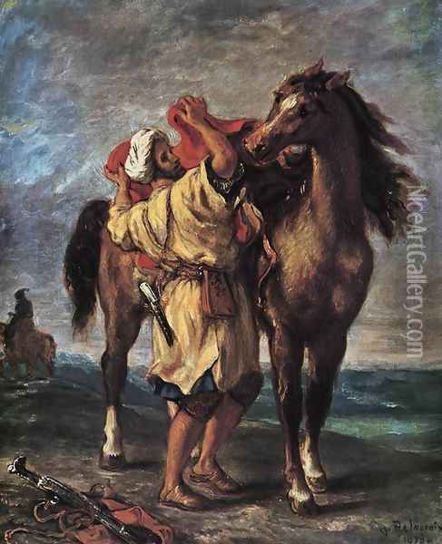 Marocan And His Horse Oil Painting - Eugene Delacroix