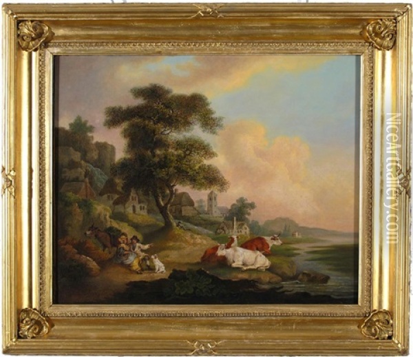 Figures, Cattle And Donkeys In Pastoral Scenes (pair) Oil Painting - Julius Caesar Ibbetson