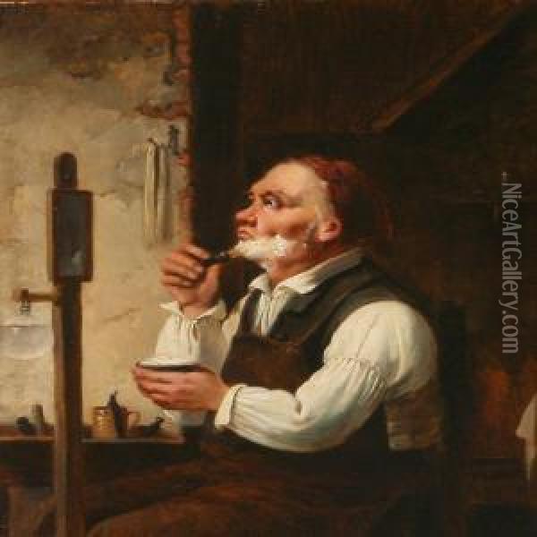 An Eldergentlemanman Shaving Oil Painting - Christian Andreas Schleisner