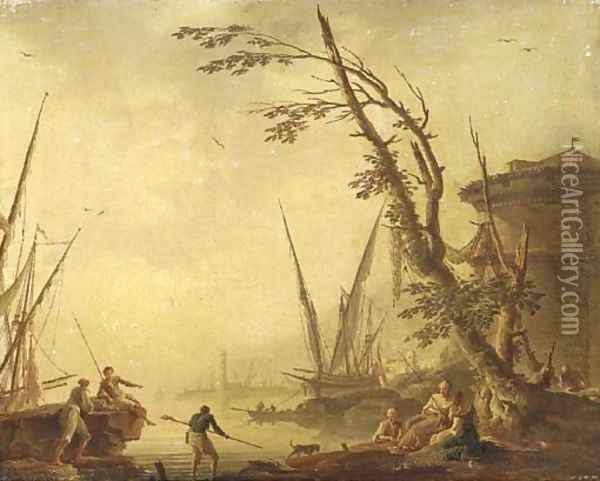 A Mediterranean port with figures on the shore Oil Painting - Charles Francois Lacroix de Marseille