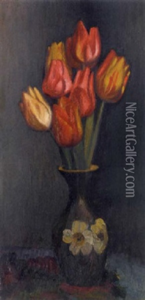 Tulips In A Vase Oil Painting - Mark Gertler