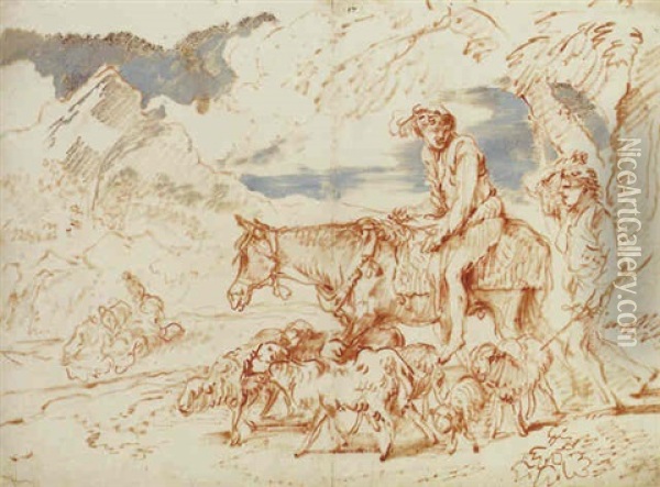 Shepherds Leading Their Flocks To Water Oil Painting - Giovanni Benedetto Castiglione