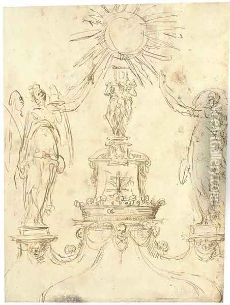 Design for a monstrance with two angels flanking a central column bearing a coronet and a Cross of Lorraine Oil Painting - Spanish School
