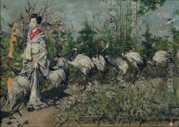 Geisha Followed By Cranes Oil Painting - Kenyon C. Cox