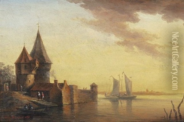 Hollandischer Hafen Mit Wehrturm. Abendstimmung Oil Painting - Elias Pieter van Bommel