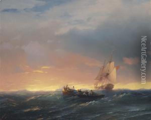 Vessels In A Swell At Sunset Oil Painting - Ivan Konstantinovich Aivazovsky