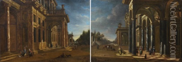 Elegants Devant Un Palais Classique (pair) Oil Painting - Jacobus Balthasar Peeters