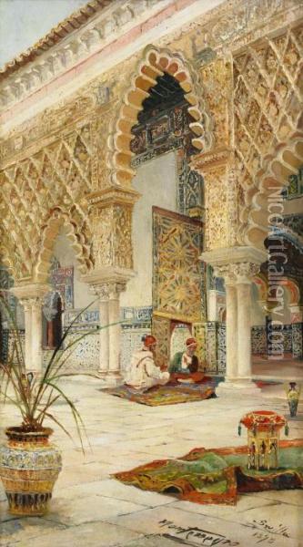 Orientalisk Bakgard Med Samtalande Morer - Sevilla Oil Painting - Jose Montenegro Capell