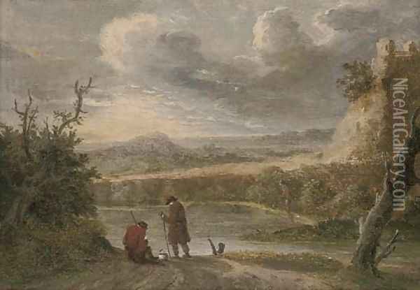 A river landscape with travellers resting on a trac Oil Painting - David The Younger Teniers