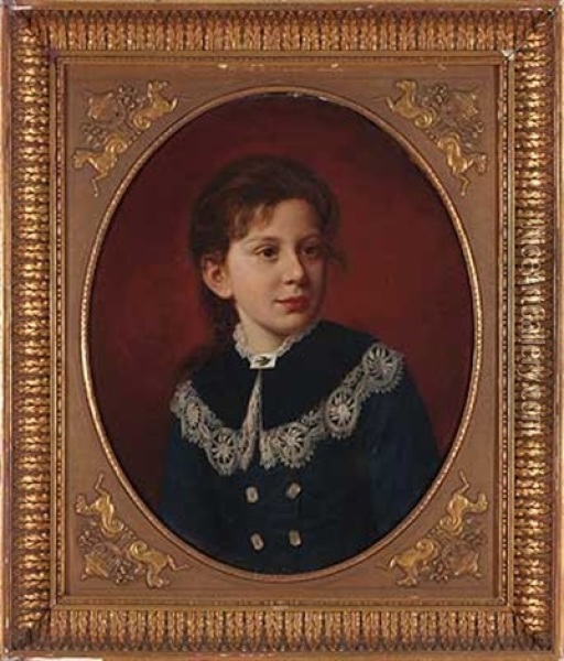 Portrait Eines Madchens In Blauem Kleid Mit Spitze Und Brosche Mit Vogel Oil Painting - Ludwig Neustatter