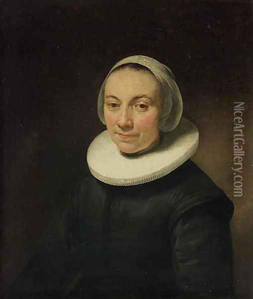 Portrait of a lady, bust-length, in a black dress with a ruff, and a white head-dress Oil Painting - Govert Teunisz. Flinck