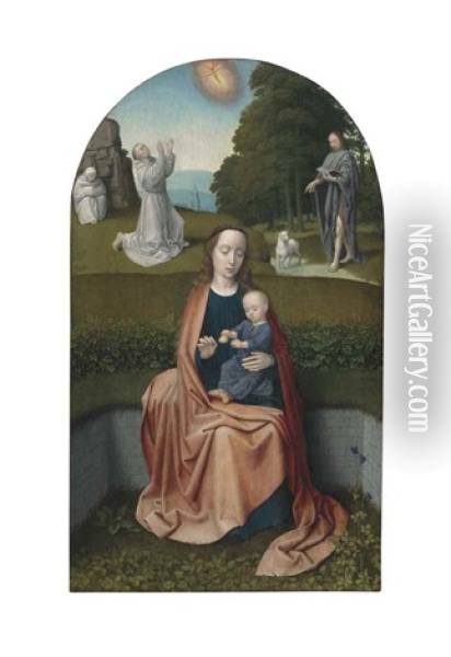 The Virgin And Child With The Stigmatization Of Saint Francis Of Assisi And Saint John The Baptist In The Wilderness (in Collab. W/workshop) Oil Painting - Gerard David
