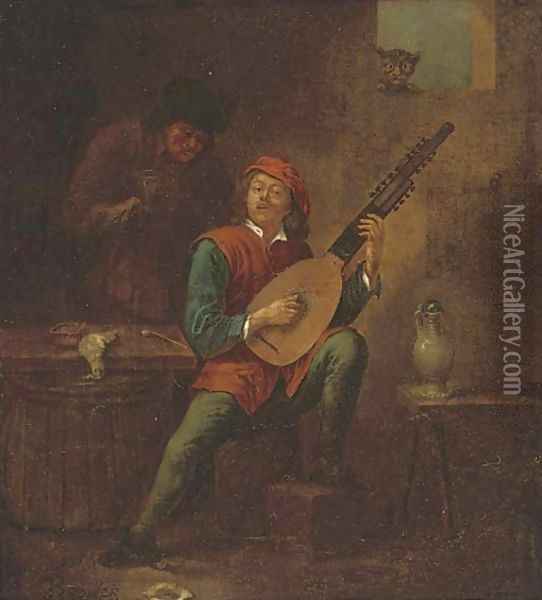 A man playing a lute in an interior Oil Painting - David The Younger Teniers
