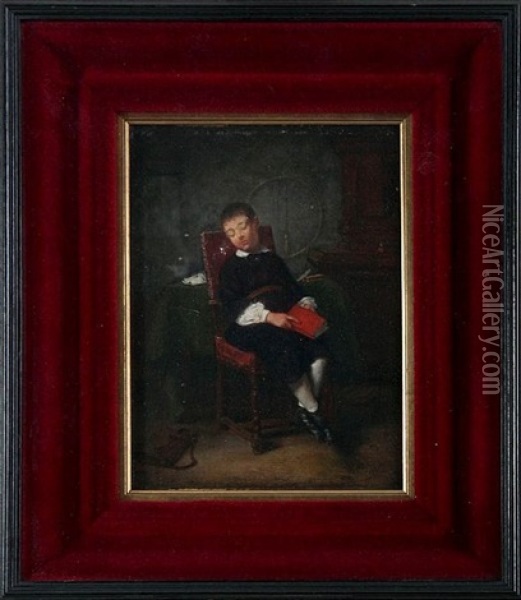 Bourgeois Interior With Boy On A Chair, Sleeping Oil Painting - Basile De Loose