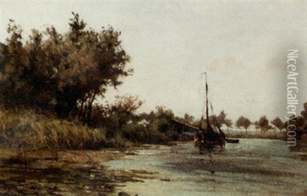 Sailingboat Moored In A Canal Oil Painting - Willem Johannes Oppenoorth