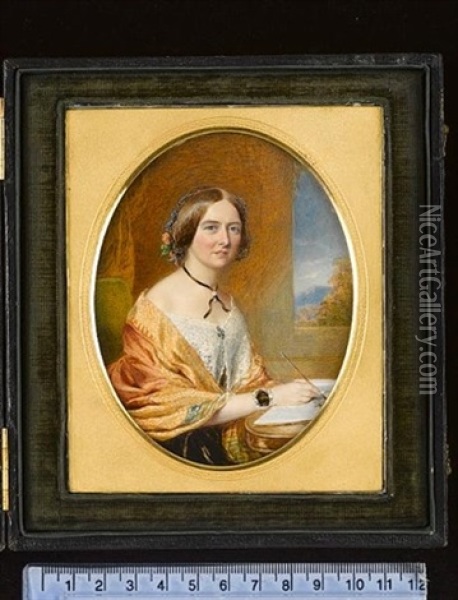 Margaret Child, Seated At A Table Beside An Open Window, Wearing Brown Dress With Large White Lace Collar Held With A Brooch Oil Painting - Reginald Easton