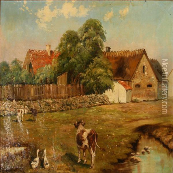 Grazing Cows Near A Farm Oil Painting - Christian Ferdinand Christensen