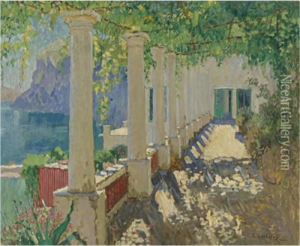 Sunlit Terrace, Capri Oil Painting - Konstantin Ivanovich Gorbatov