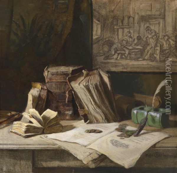 Stillleben Mit Folianten Oil Painting - Hugo Charlemont