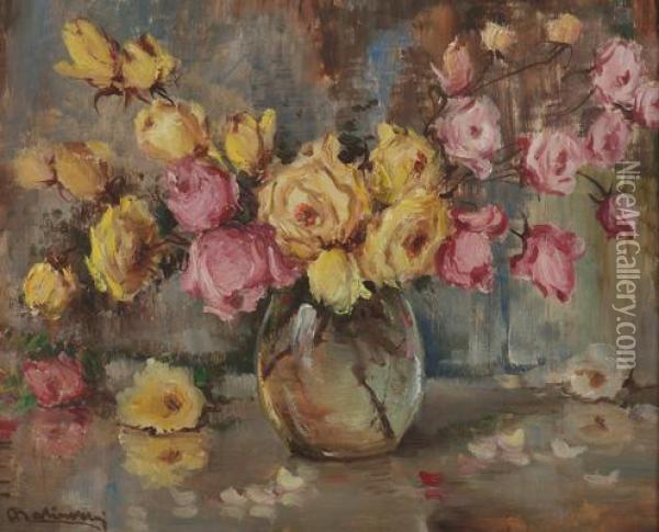 Vaso Di Rose Oil Painting - Angelo Malinverni