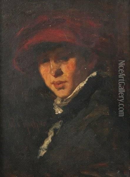 Figure In Red Hat Oil Painting - Robert Koehler