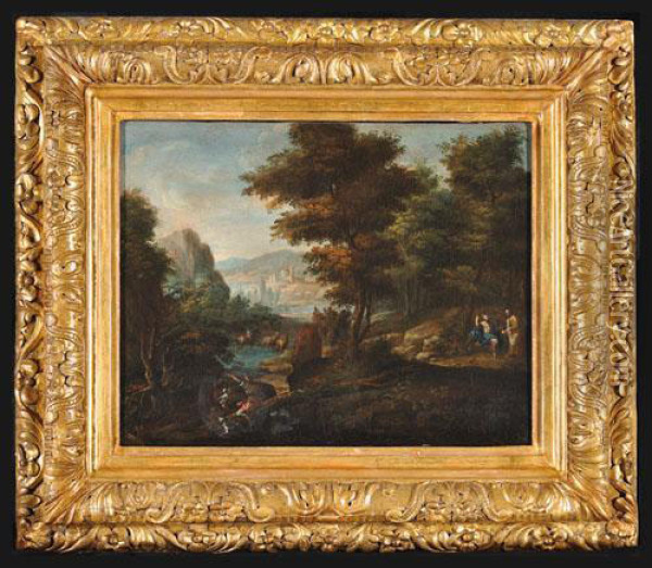 Paesaggio Fluviale Boschivo Con Scena Biblica Oil Painting - Etienne Allegrain