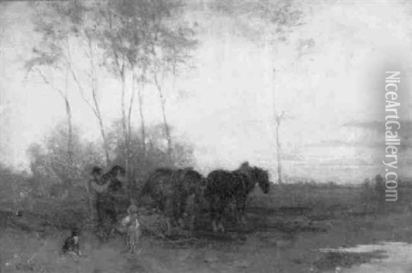 Bauer Mit Pferden Auf Dem Abgepflugten Feld Oil Painting - Johann Michael (Volz) Voltz