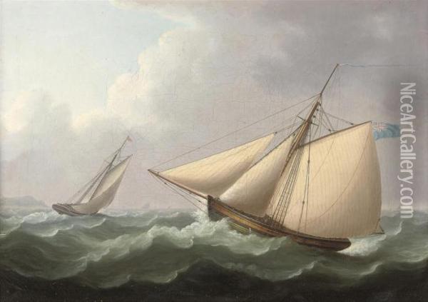 Cutters In Pursuit In A Stiff Breeze Offshore Oil Painting - Thomas Buttersworth