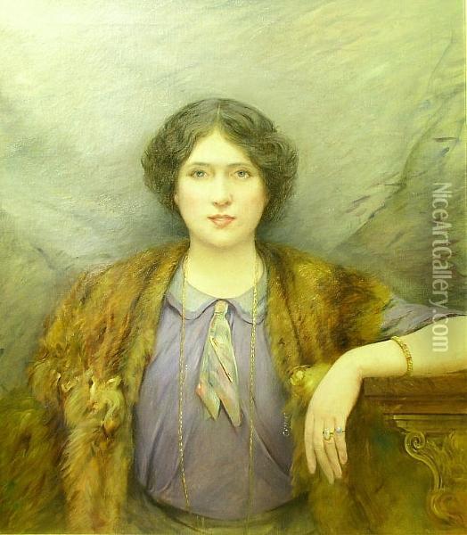 Portrait Of A Lady, Half Length, Wearing Purple Dress And Fur Shawl Oil Painting - Arthur Hayes