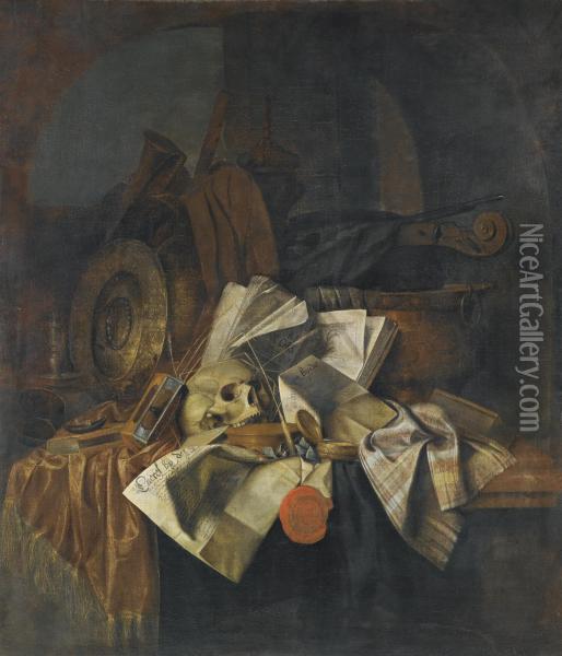 A Vanitas Still Life With A Skull, A Shield, An Hour Glass, Books And Papers On A Tabletop Oil Painting - Franciscus Gysbrechts
