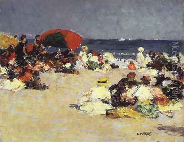 On the Beach at Trouville c.1865 Oil Painting - Edward Henry Potthast