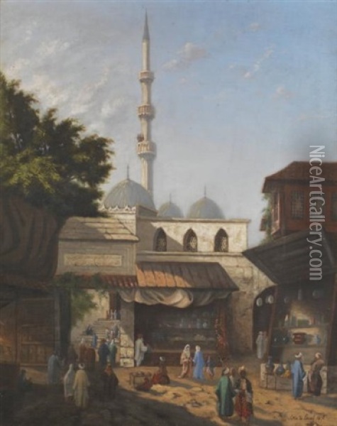 Animation Pres D'une Mosquee A Istanbul Oil Painting - Pierre Victor Lottin De Laval