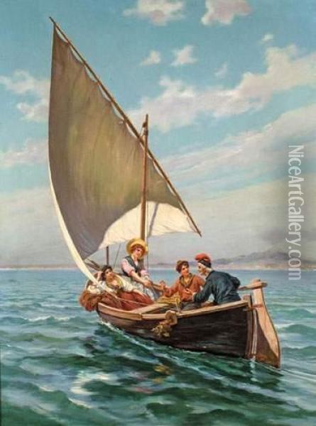 Pecheurs Dans La Baie De Naples. Oil Painting - Pietro Gabrini