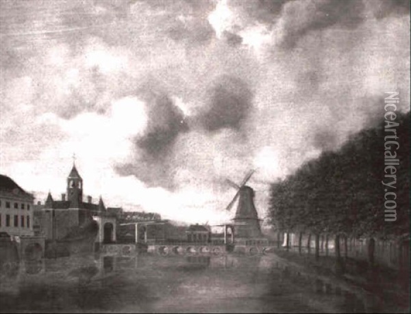 A View In Amsterdam With The Singelgracht Looking Towards The Roode Molen Oil Painting - J. Schepens