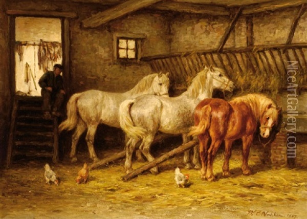 A Farmer With Three Horses And Chickens In A Barn Oil Painting - Willem Carel Nakken
